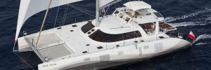 Santa Ana 58' Wave catamaran with chic interior, spacious fly bridge, stern lift, solar panels, hypoallergenic interior